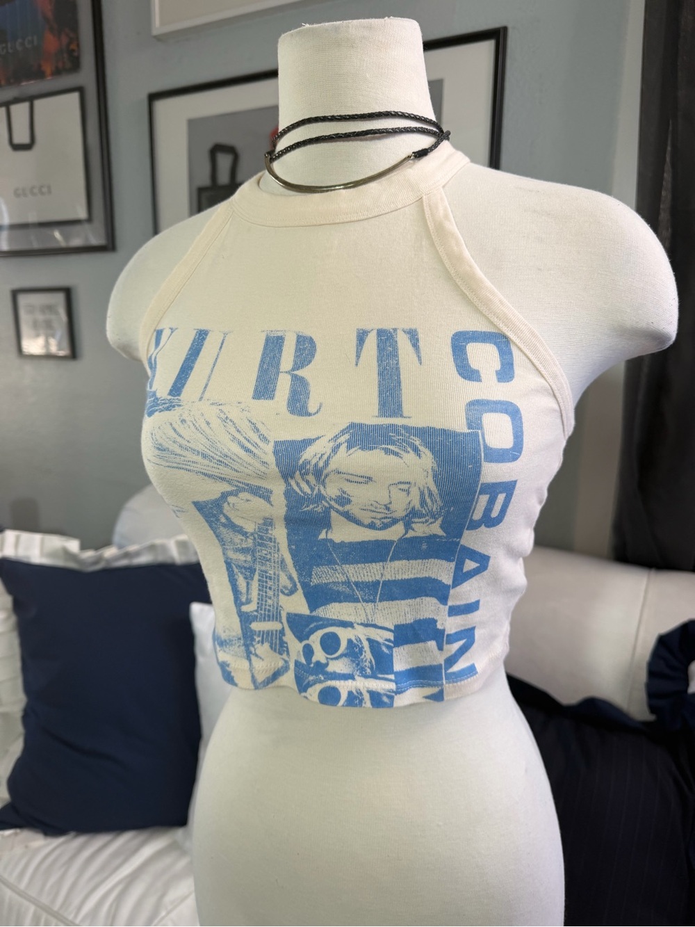 American Eagle Outfitters Cream Halter Crop Top with Blue Graphic